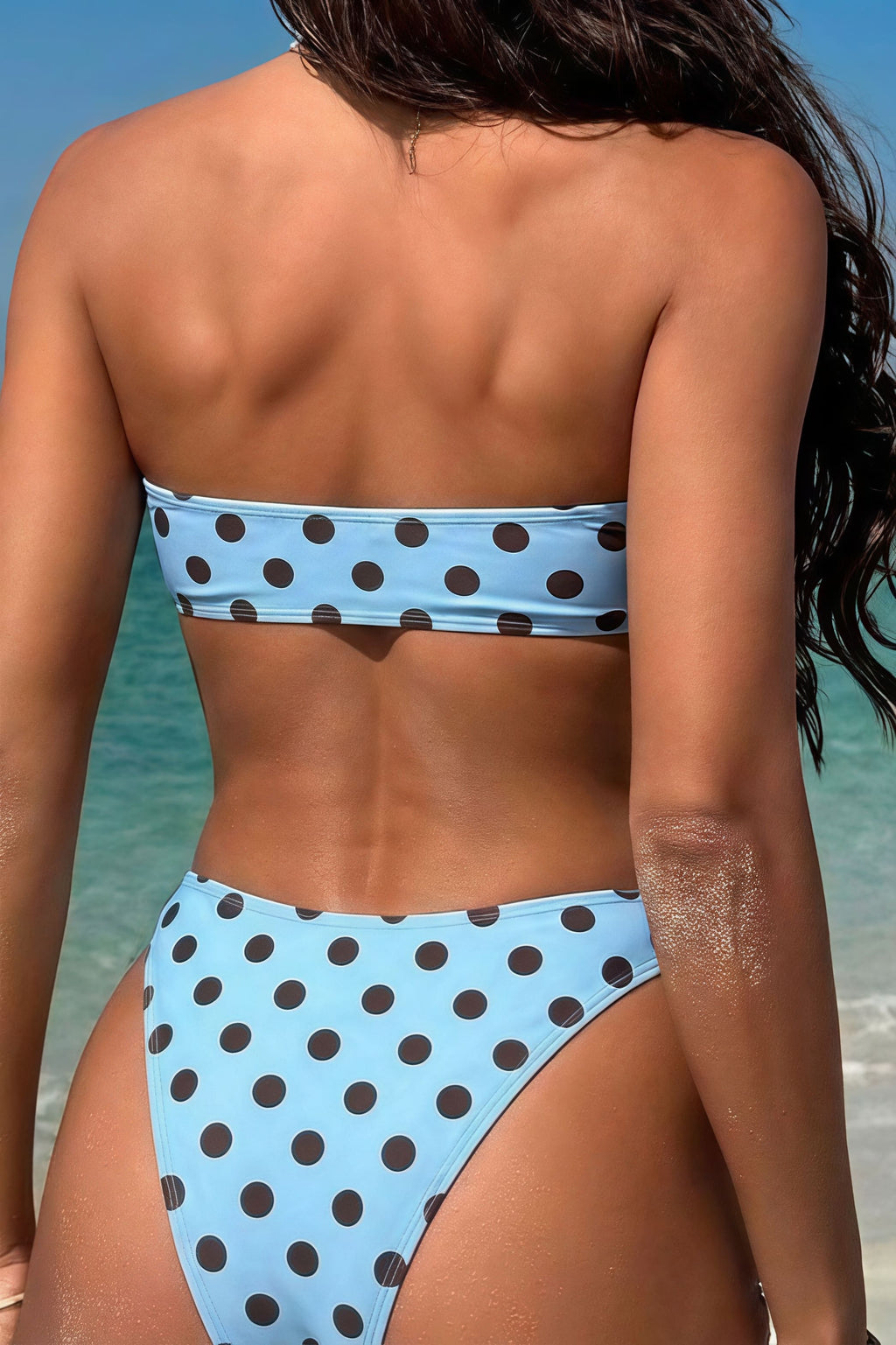 Light Blue Brown Spot Twist Bandeau Bikini Sets image 3