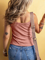 Lara Button Tank detail view styled for Avrienne