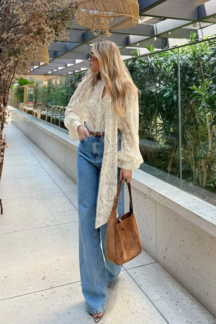 Elegant Tie Sheer Lace Long Sleeve Blouse image 6