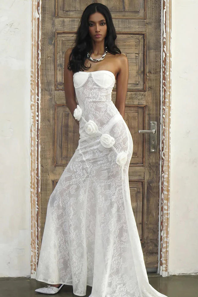 Sheer Lace Strapless 3D Floral Train Maxi Dress image 1