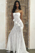 Sheer Lace Strapless 3D Floral Train Maxi Dress image 1