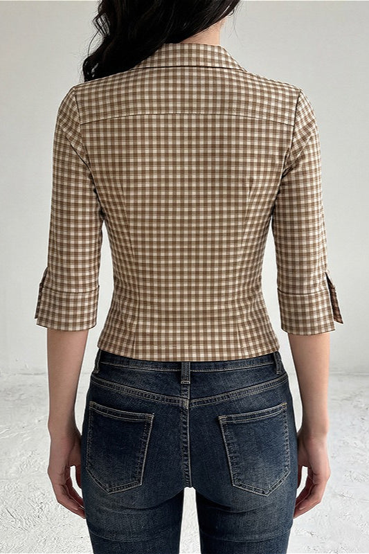 Plaid Waist Slim Five Quarter Sleeve Blouse image 4