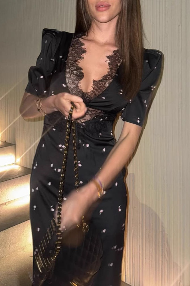Satin Lace V Neck Cutout Polka Dot Half Sleeve Maxi Dress image 3