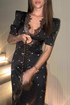 Satin Lace V Neck Cutout Polka Dot Half Sleeve Maxi Dress image 3
