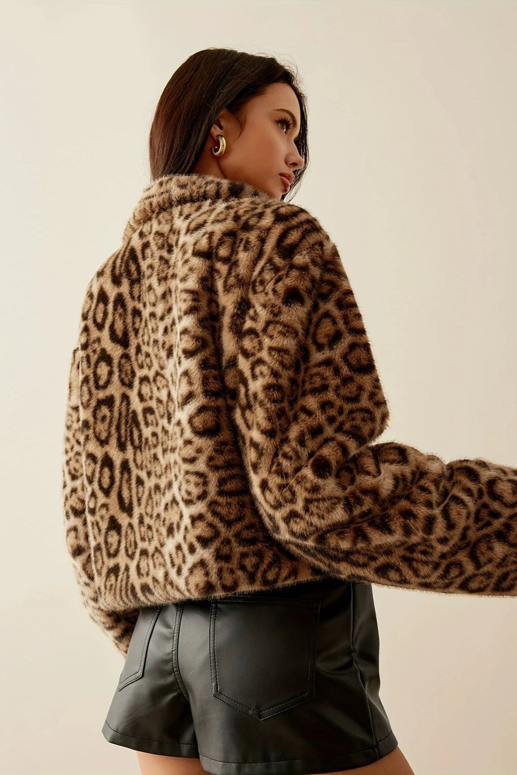 Fleece Leopard Print Notch Collar Short Coat image 2