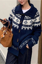 Jacquard Collar Horn Button Retro Loose Knit Cardigan image 8