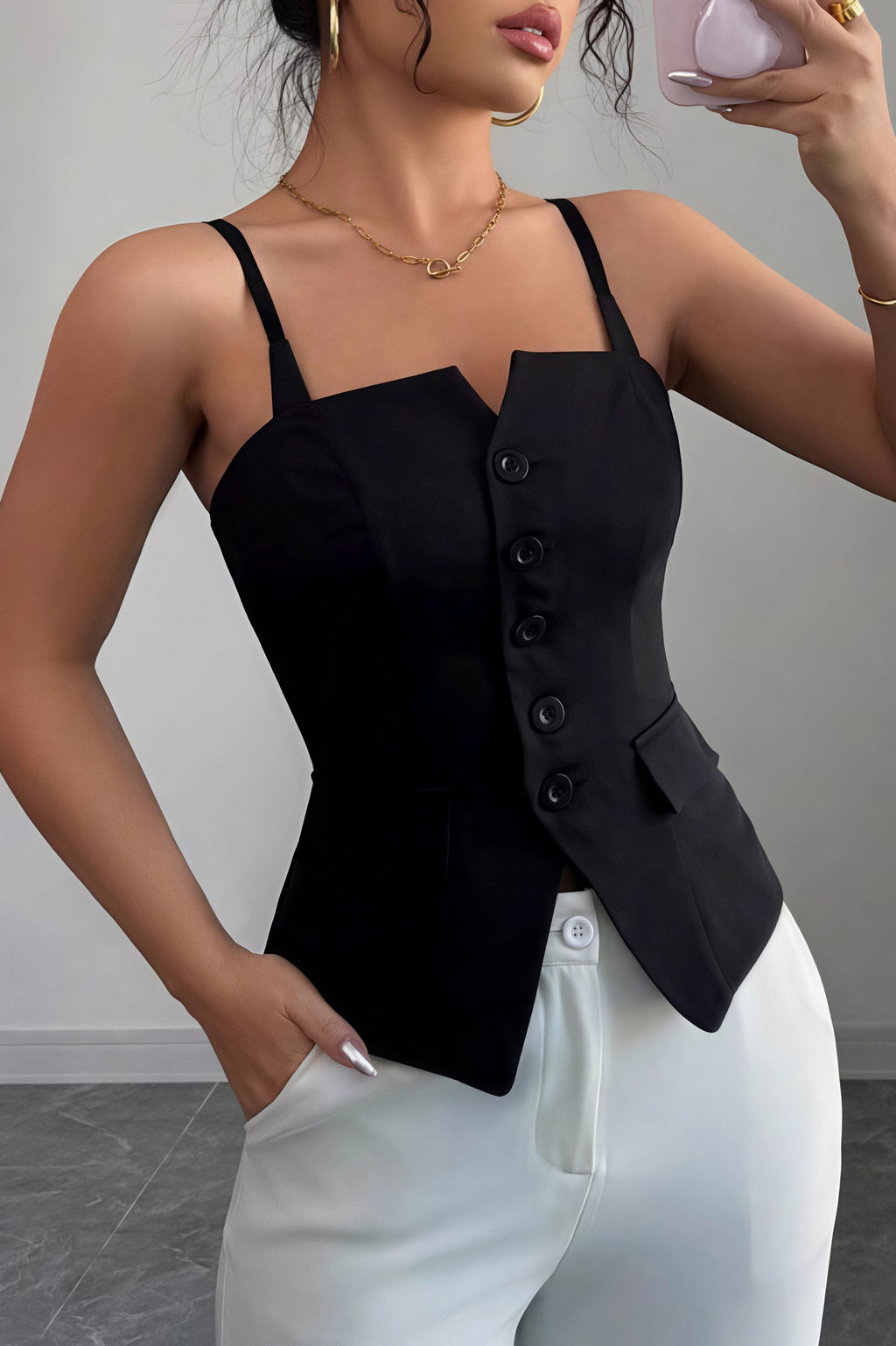 Slim Fit Button Vest Style Cami Top image 2