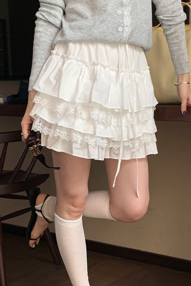 High Waist Tiered Ruffle A Line White Mini Skirt image 1