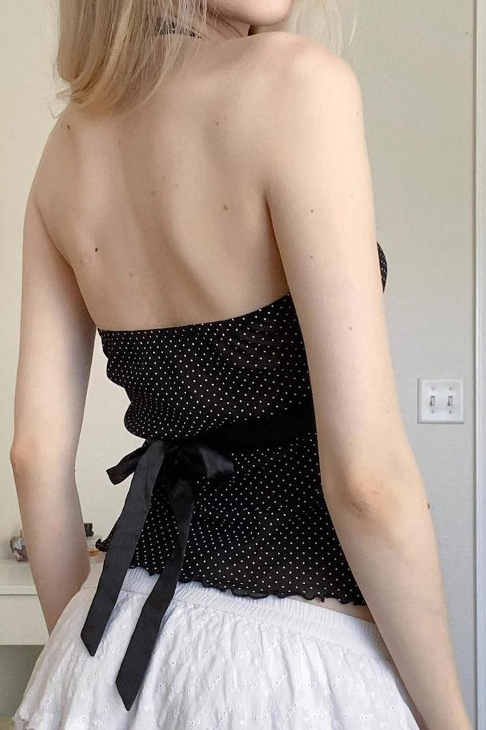 Polka Dot Satin Bow Tie Backless Halter Crop Top image 3