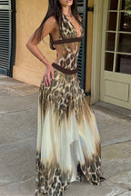 Deep V Neck Leopard Flared Hem Maxi Dress image 1