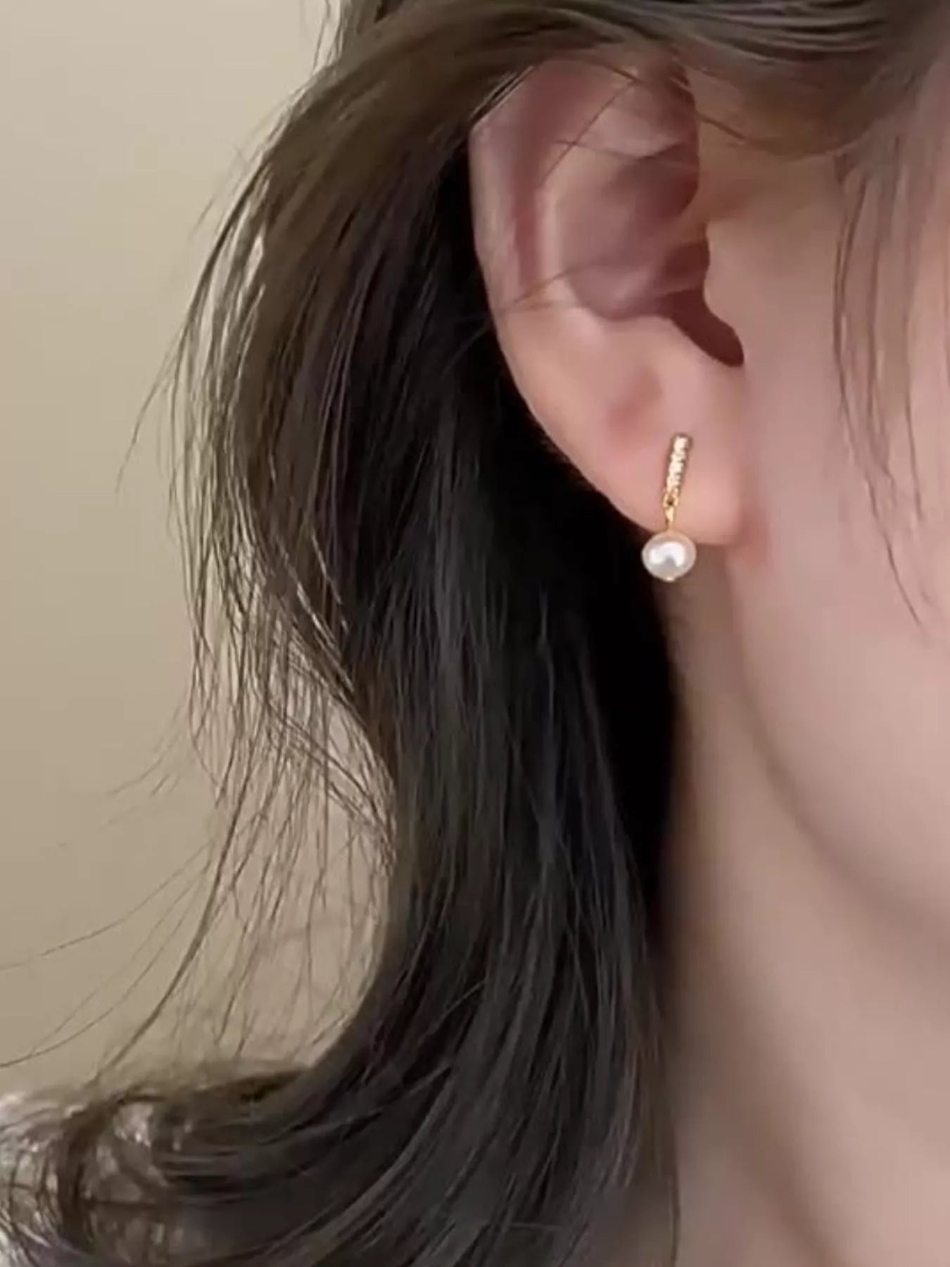 Liora Pearl Earrings detail view styled for Avrienne