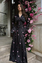 Satin Floral V Neck Flared Hem Maxi Dress image 6
