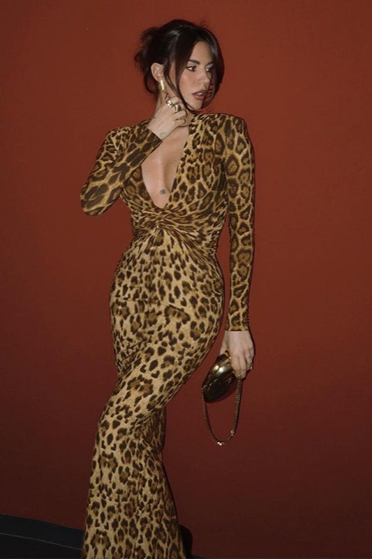 Sexy Leopard Print Knot Long Sleeve Maxi Dress image 2