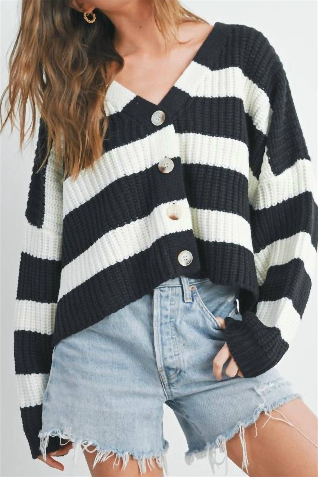 Loose Stripe V Neck Long Sleeve Knit Cardigan image 2