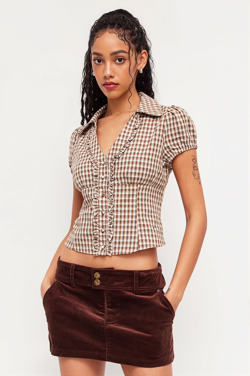 Plaid Ruffled Tie Lapel Slim Blouse image 1