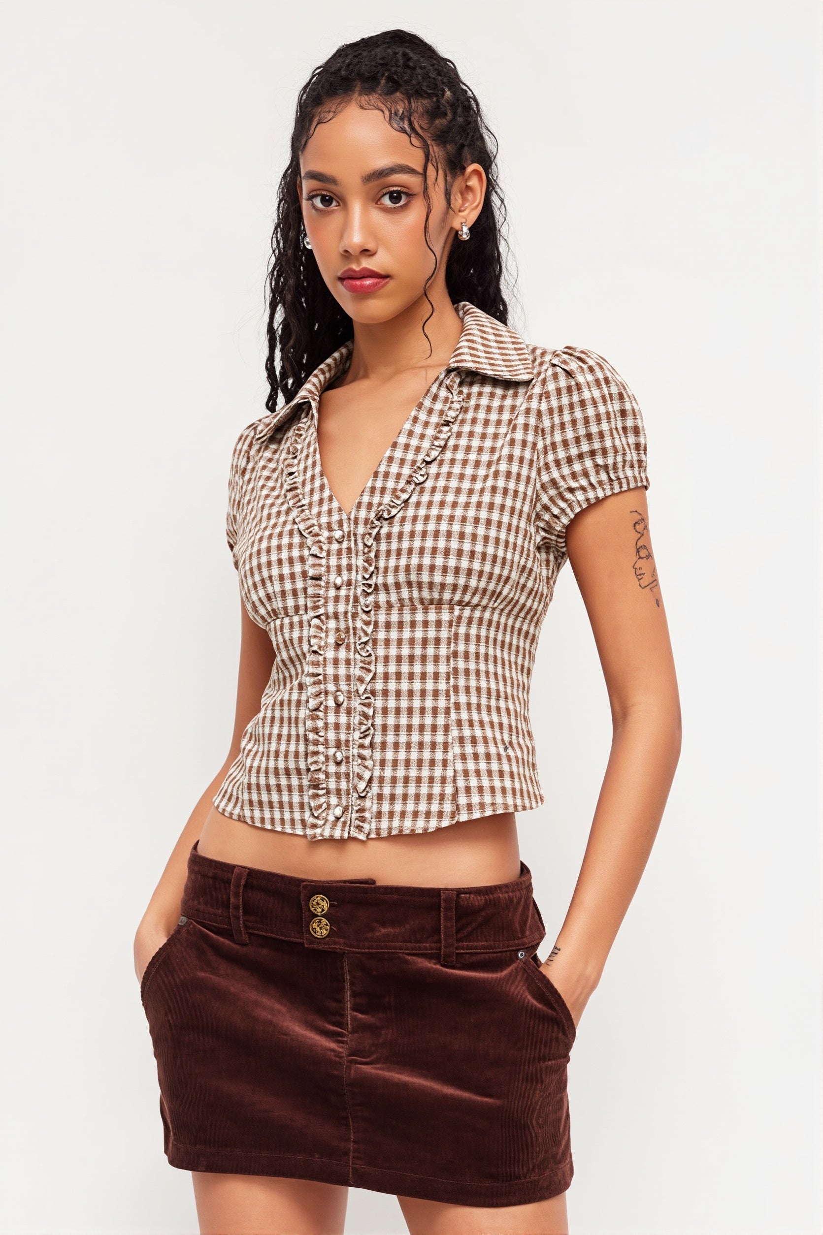 Plaid Ruffled Tie Lapel Slim Blouse image 1