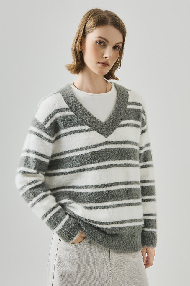 Striped V Neck Loose Long Sleeve Knit Sweater image 3