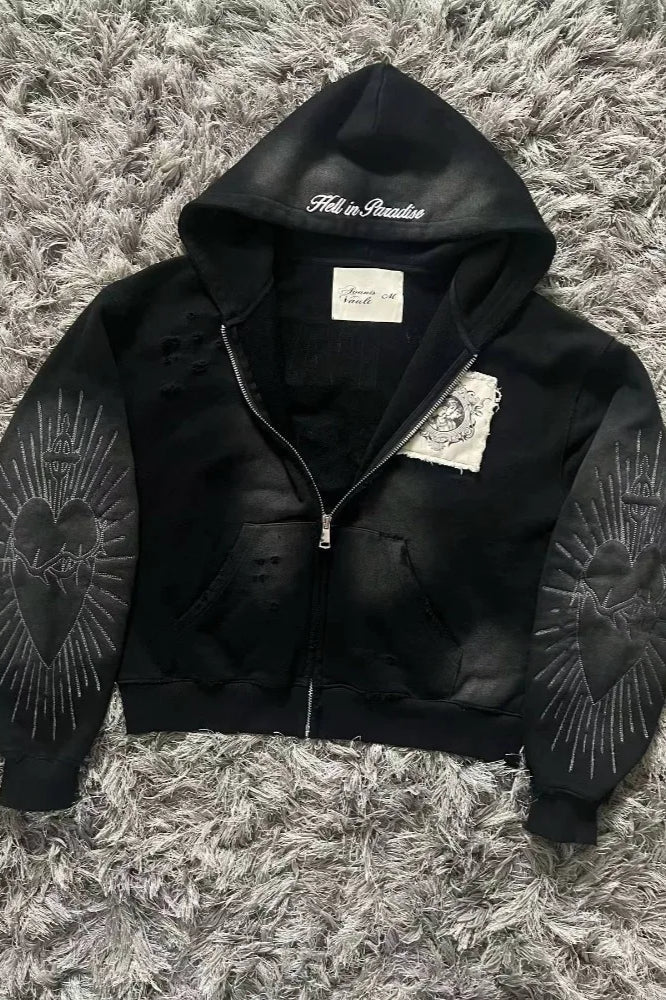 Letter Embroidery Zipper Hoodie image 1