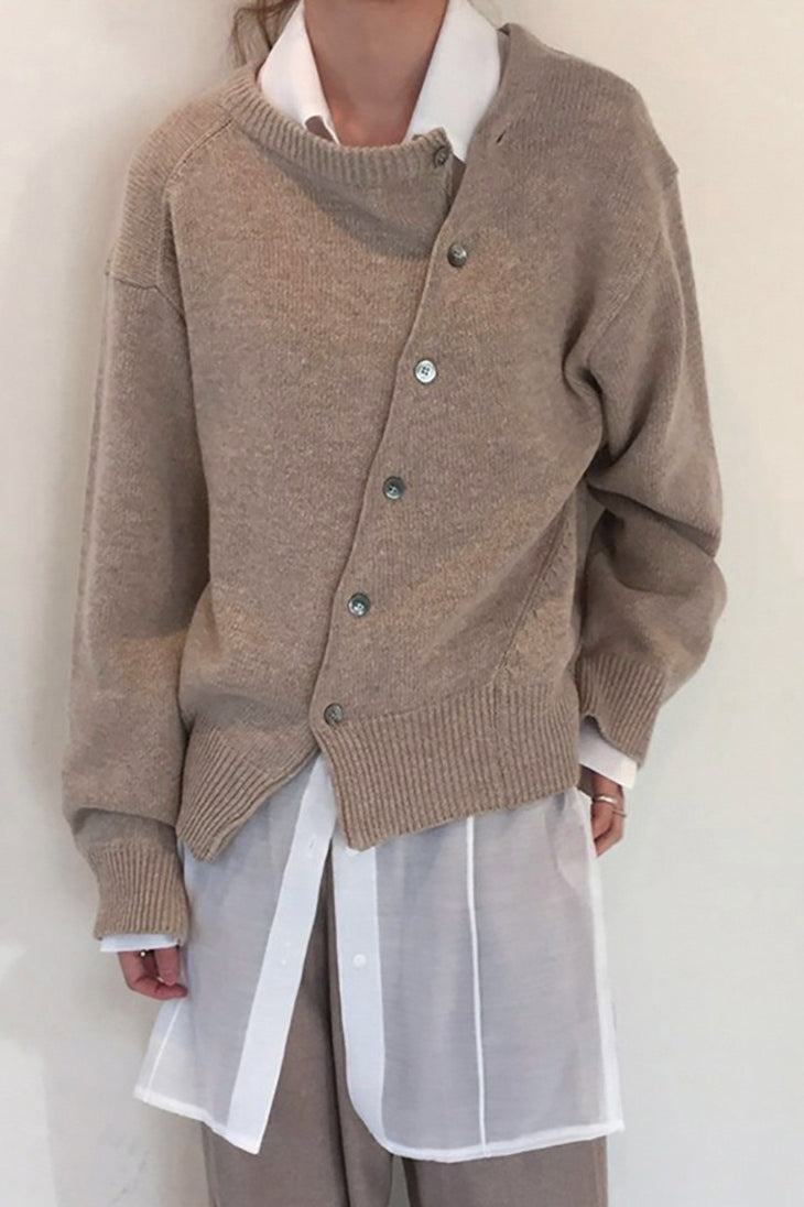 Asymmetrical Button Round Neck Knit Sweater image 1