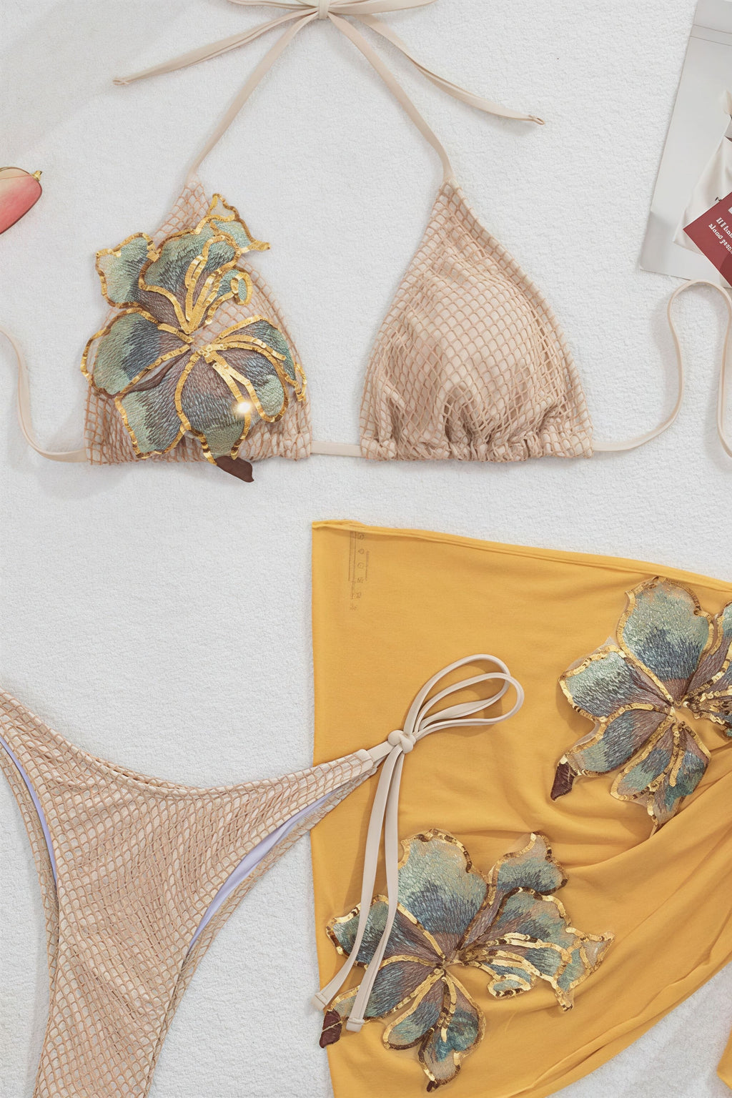 Floral Embroidery Sexy Bikini Three Piece Swim Set image 3