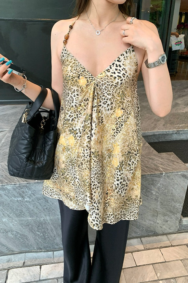 Chiffon V Neck Leopard Print Beaded Cami Top image 3