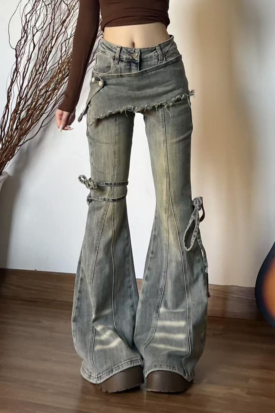 Vintage Fake Two Piece Bootcut Tie Waist Jeans image 4