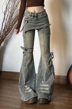 Vintage Fake Two Piece Bootcut Tie Waist Jeans image 4