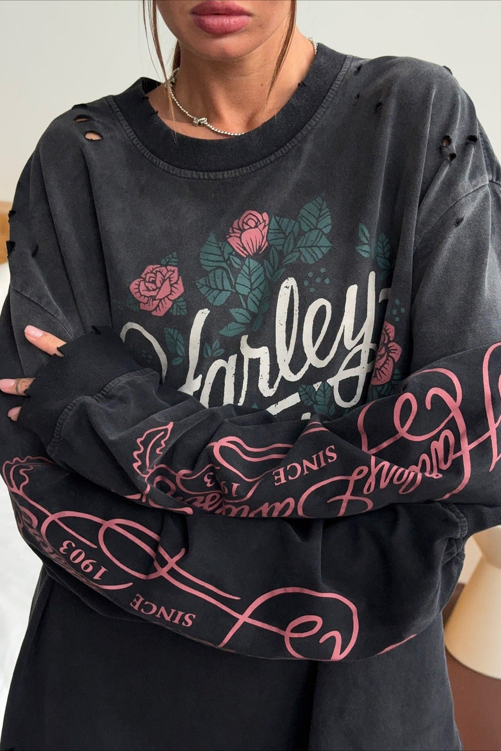 Vintage Distressed Rose Print Sweatshirt image 2