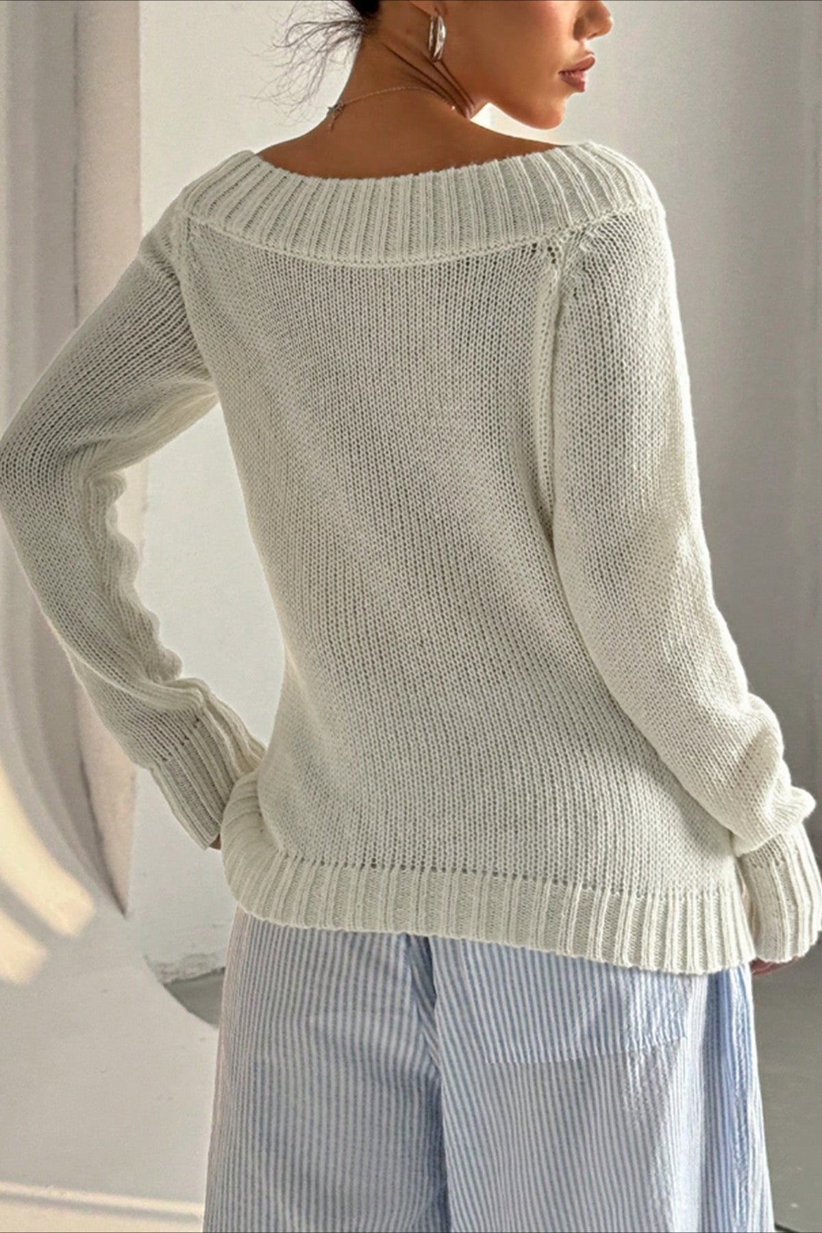 Solid Asymmetric Off-Shoulder Pullover Knit Top image 5