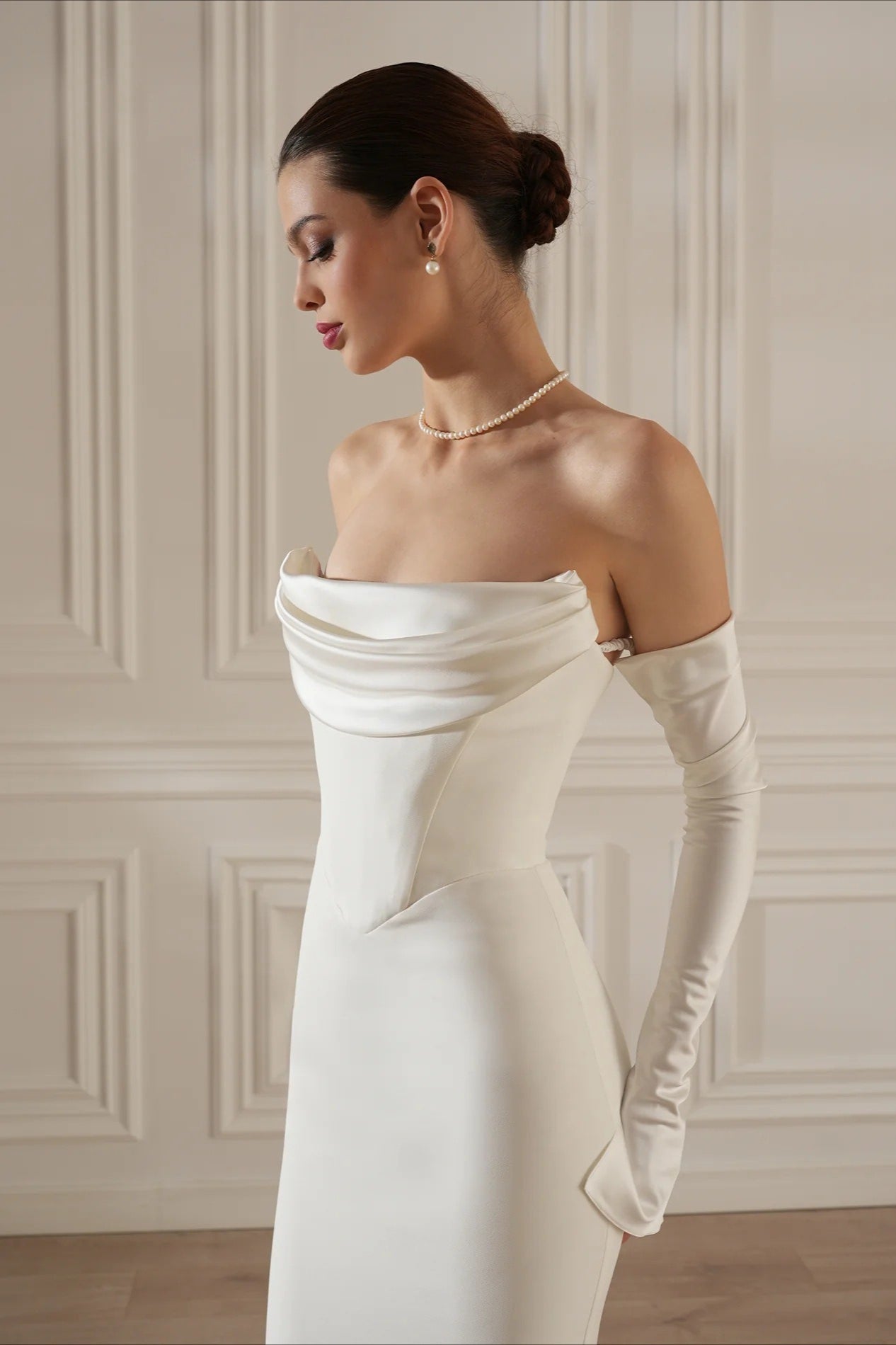 Minimalist Elegant Ruched Satin Mermaid Reception Dress image 3