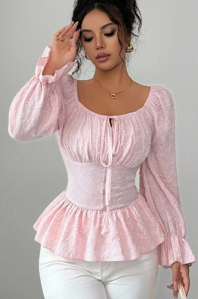U Neck Tie Long Sleeve Designer Blouse image 1