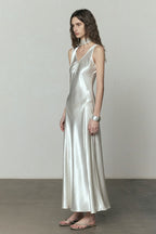 Simple Solid Satin V Neck Loose Maxi Dress image 6
