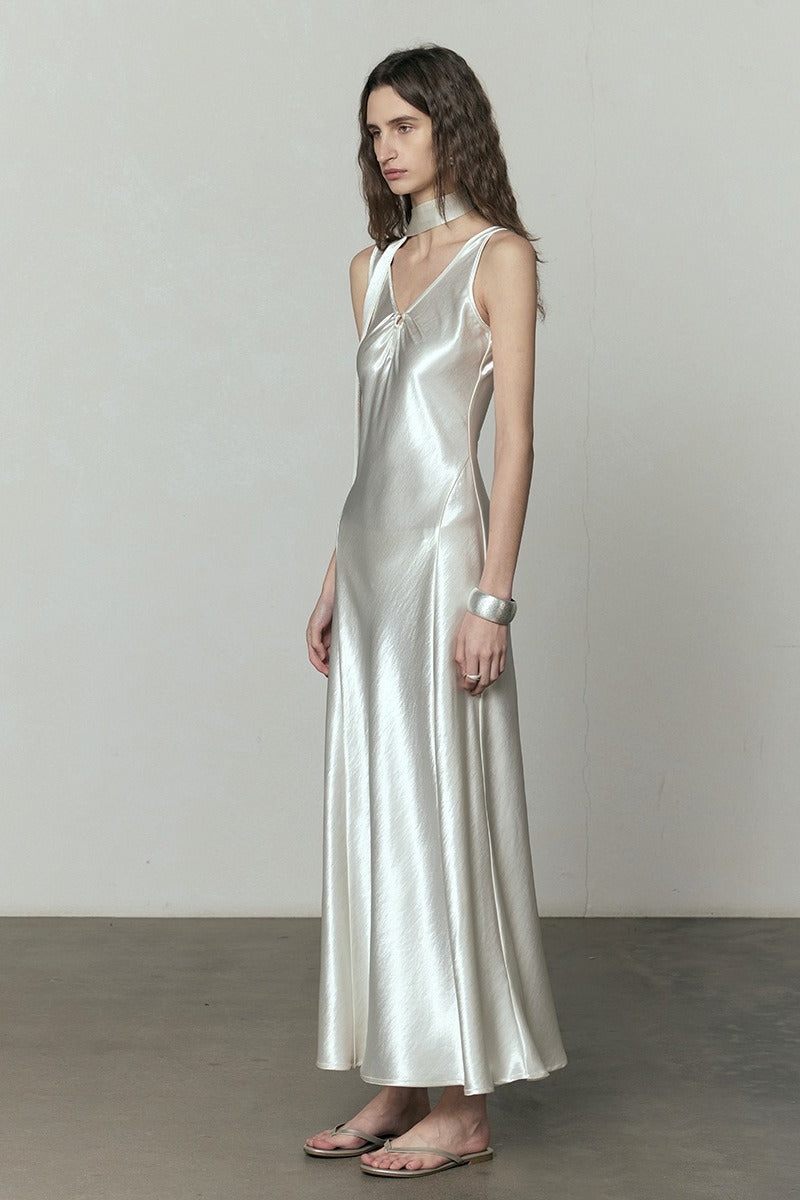 Simple Solid Satin V Neck Loose Maxi Dress image 6