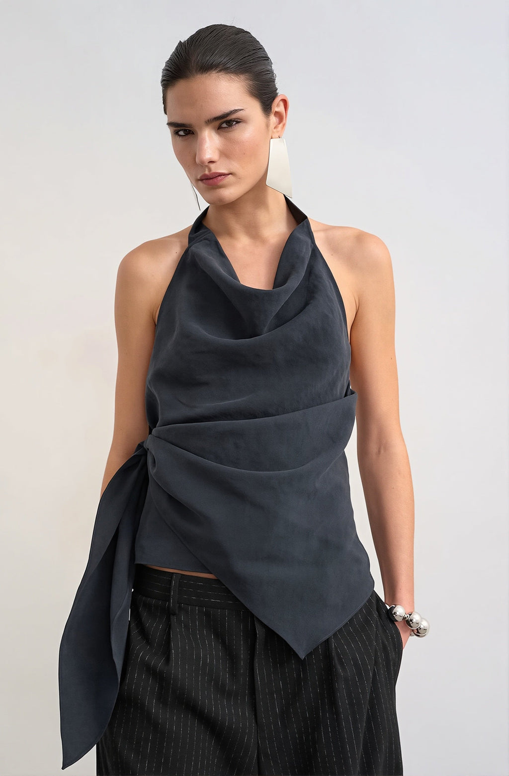 Cowl Neck Backless Asym Draped Halter Top image 2