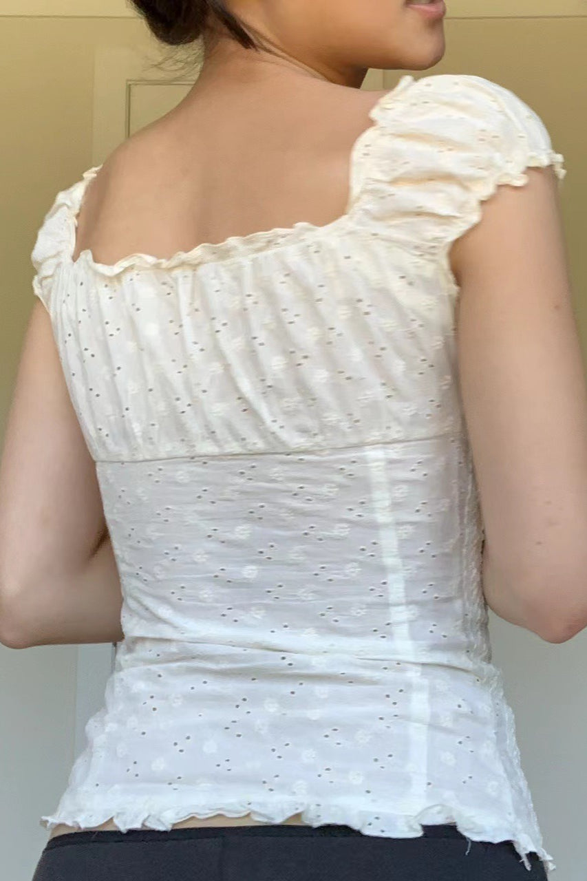Ruched Low Neck Button Ruffled Lace Tank Top image 3