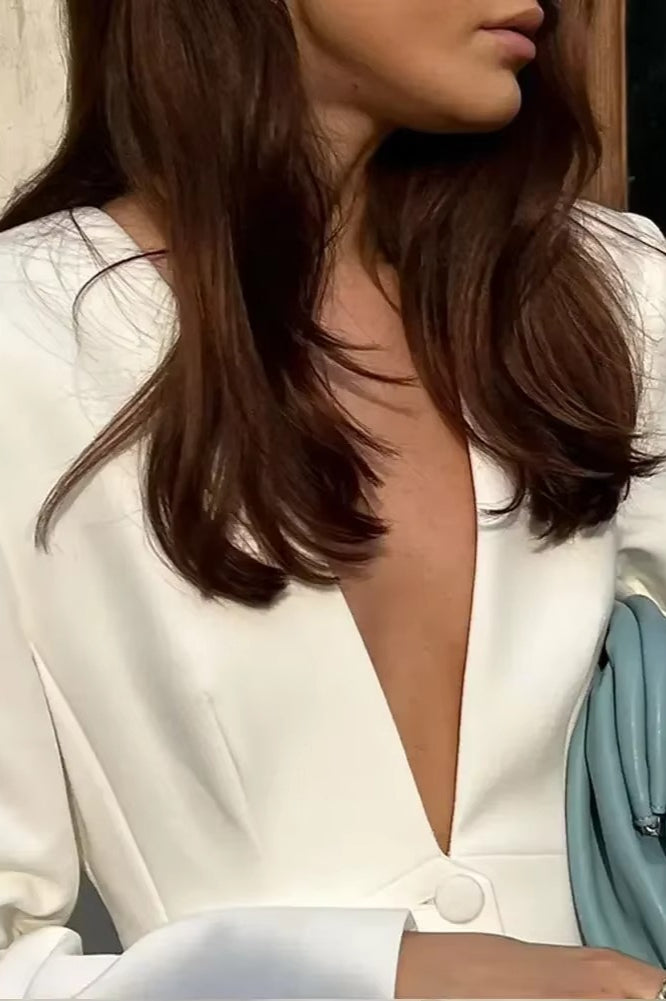 White Deep V-neck Blazer Pants Office Two Piece Set image 7