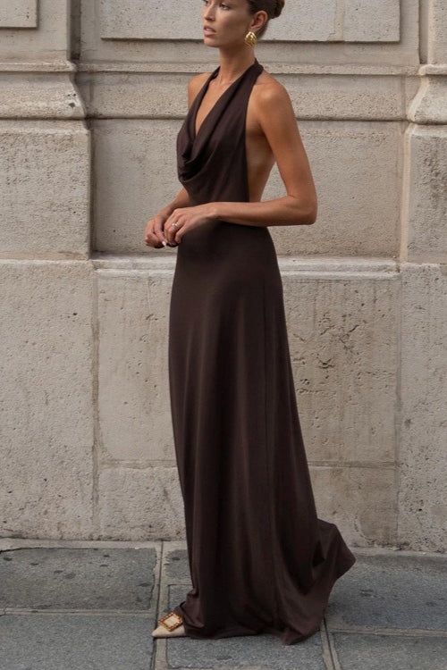 Brown Halter Backless Maxi Party Dress image 2