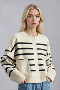 Crew Neck Striped Button Pocket Knit Cardigan image 1