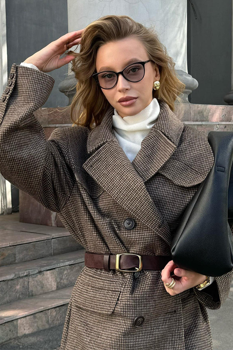 Houndstooth Wool Double Breasted Mid Length Trench Coat image 4