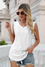Gia Eyelet Tank detail view styled for Avrienne