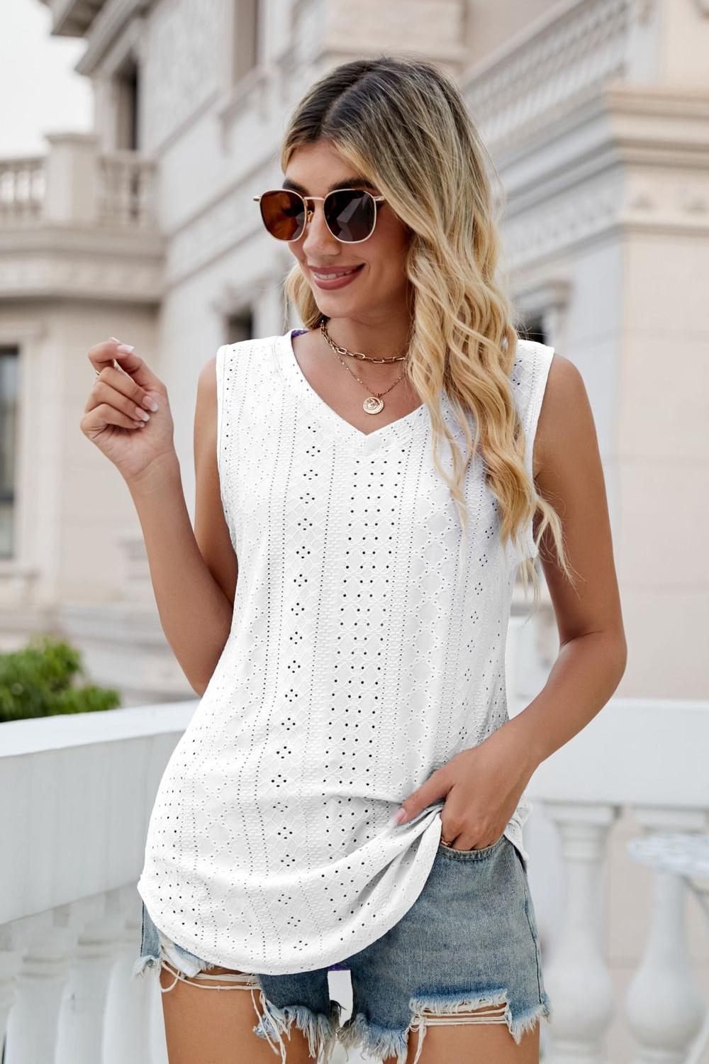 Gia Eyelet Tank detail view styled for Avrienne