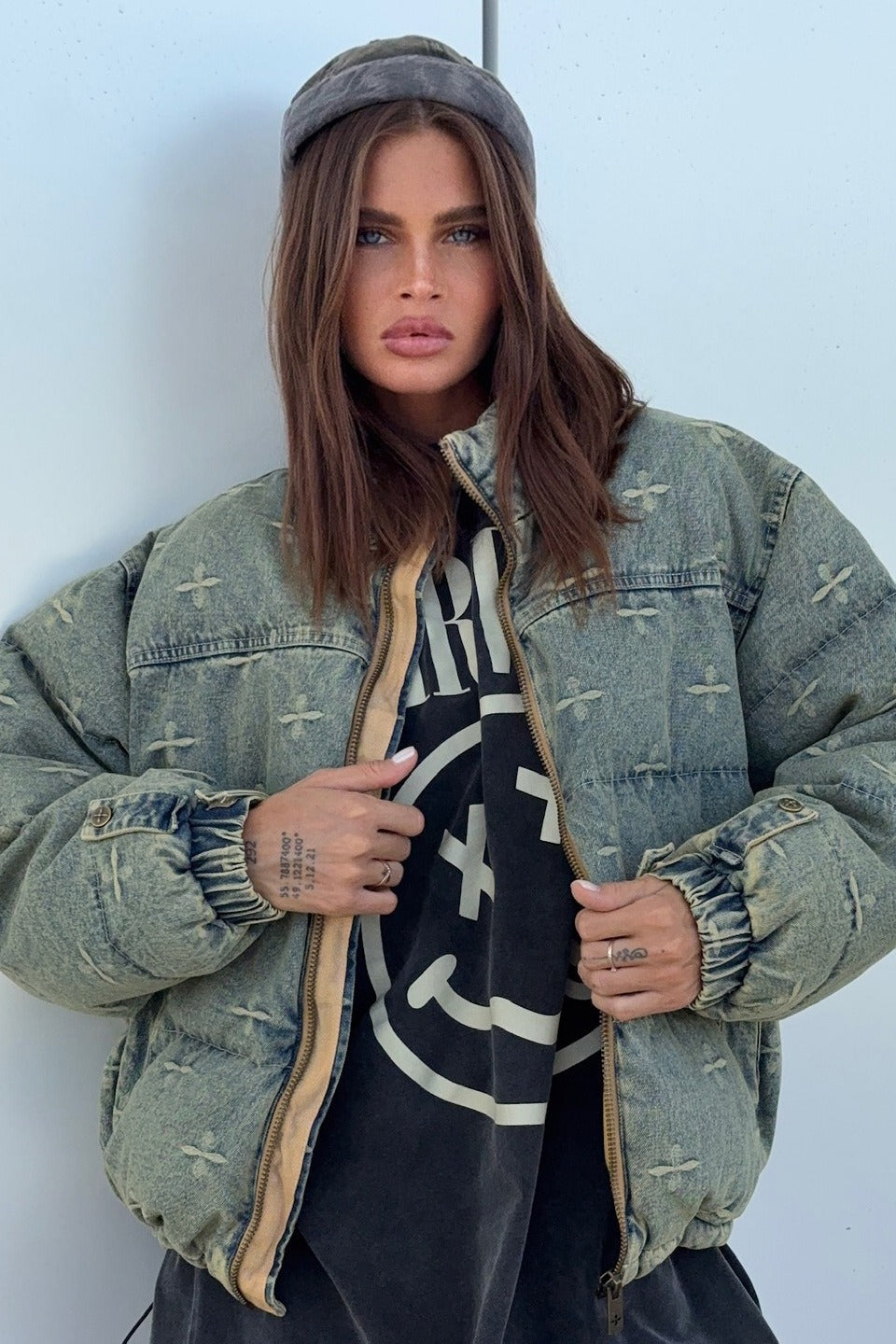 Vintage Washed Cross Embroidery Puffer Jacket image 1