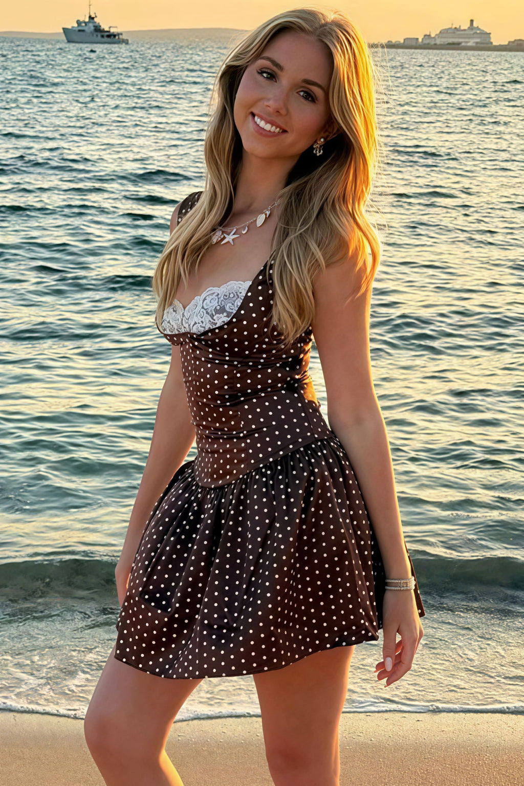 Lace Trim Patchwork Polka Dot Cami Mini Dress image 6