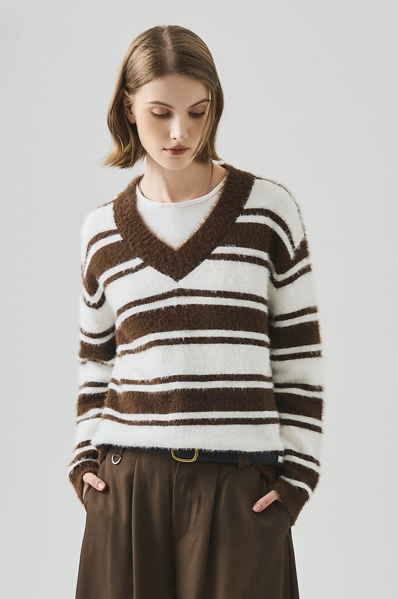 Striped V Neck Loose Long Sleeve Knit Sweater image 8