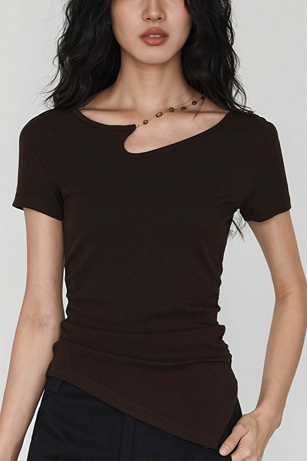 Solid Simple Beaded Hollow Neck T-Shirt image 6