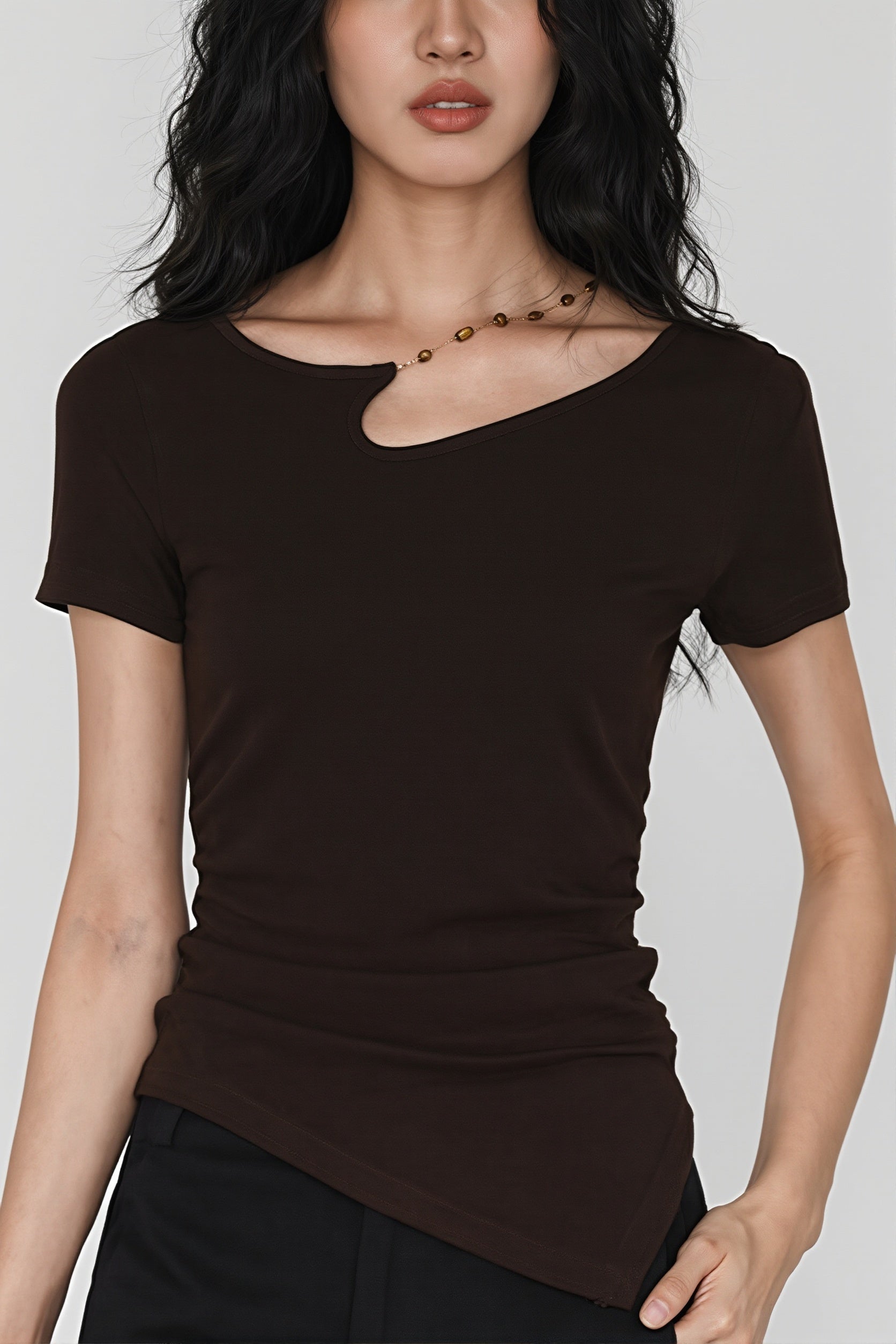 Solid Simple Beaded Hollow Neck T-Shirt image 6
