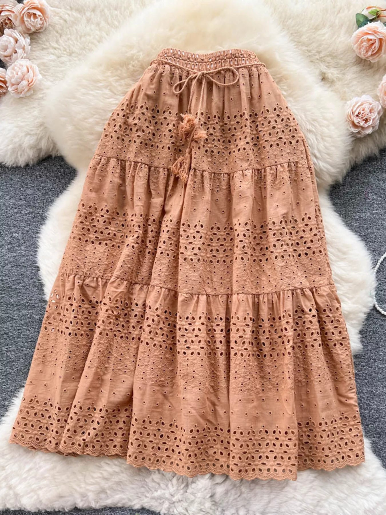 Soleil Eyelet Skirt detail view styled for Avrienne