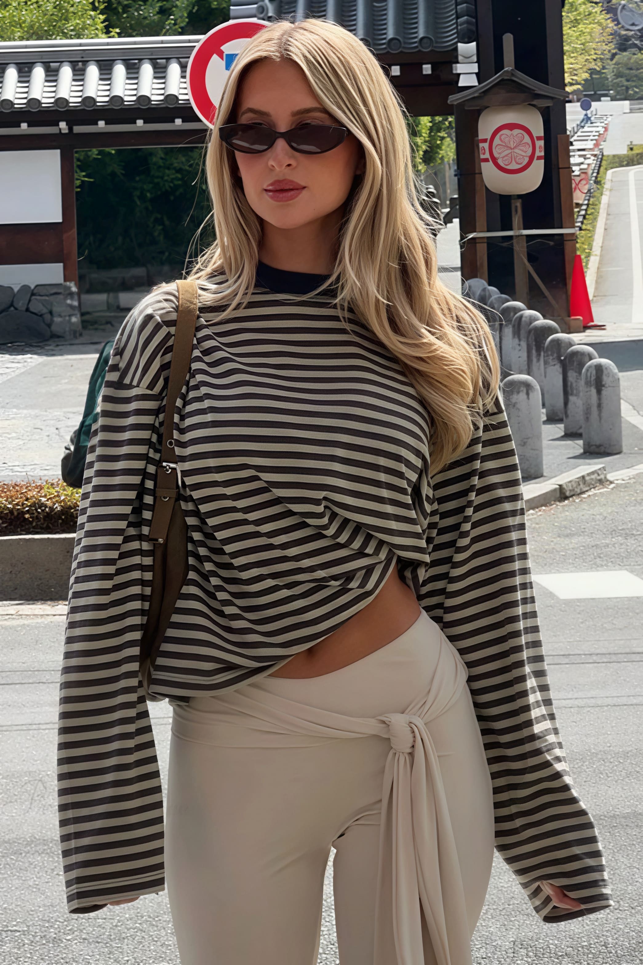 Striped Color Block Crew Neck Loose Long Sleeve Tee image 10