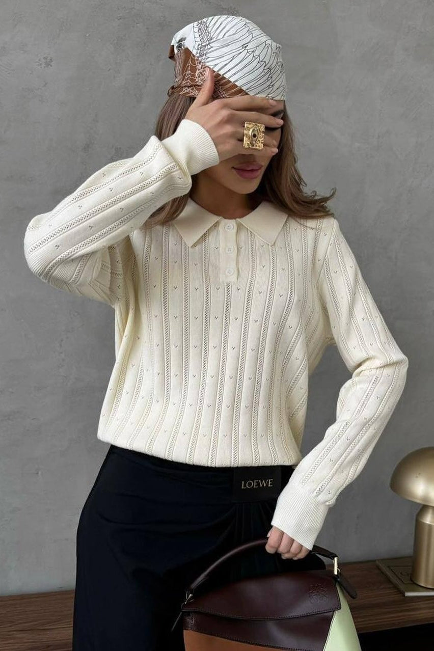 Jacquard Polo Collar Long Sleeve Loose Blouse image 26