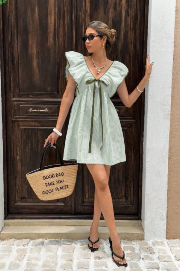 Striped V Neck Ruffle Flutter Sleeve Mini Dress image 12